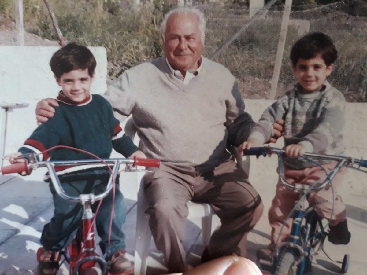 Grandfather Antonis and grandsons Antonis and Nikos in Rhodes 1995